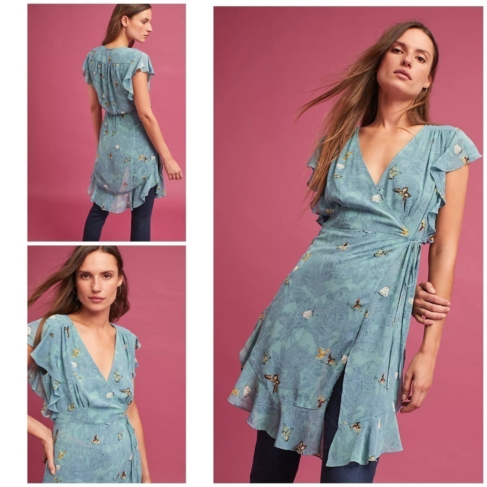 EUC Anthropologie Feather Bone Butterflies Floral Osuna Wrap Tunic Mini Dress L 
